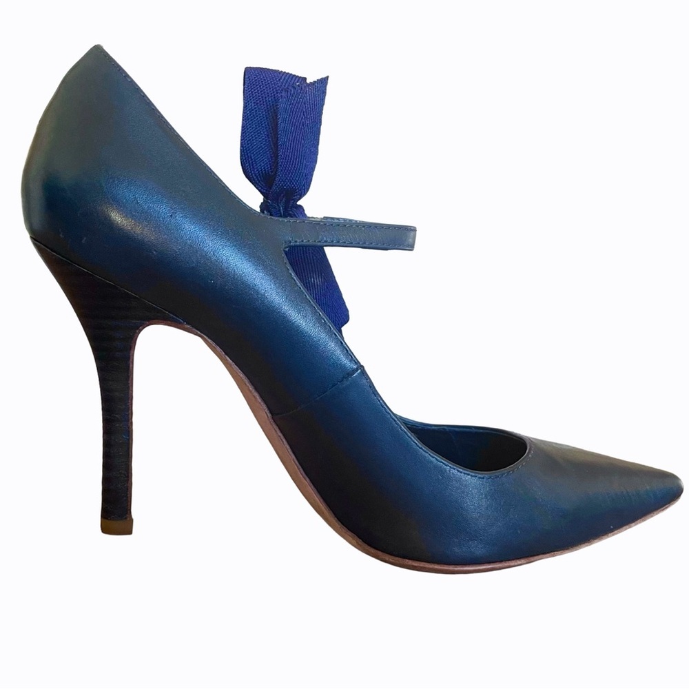 Tory Burch Beverly Navy Leather Bow Mary Jane Pumps Size 9 Pointed Toe Heels - Picture 3 of 10